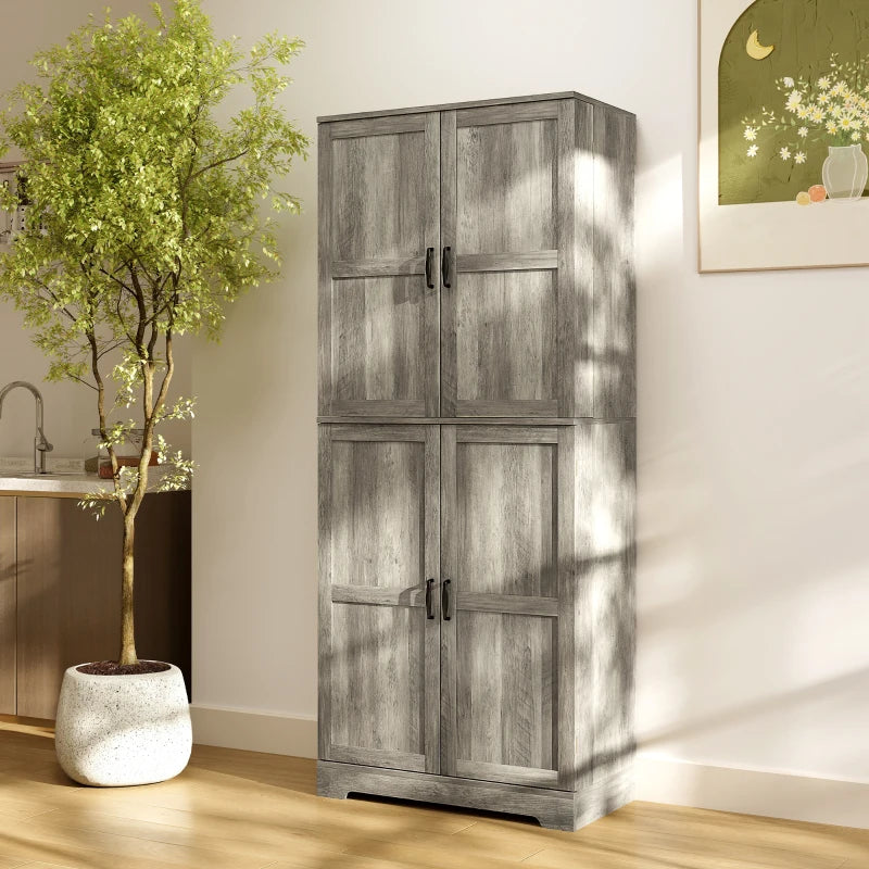 Farmhouse Kitchen Pantry Cabinet, Kitchen Cabinet with Barn Doors, Adjustable Shelves and Door Racks, Distressed Grey