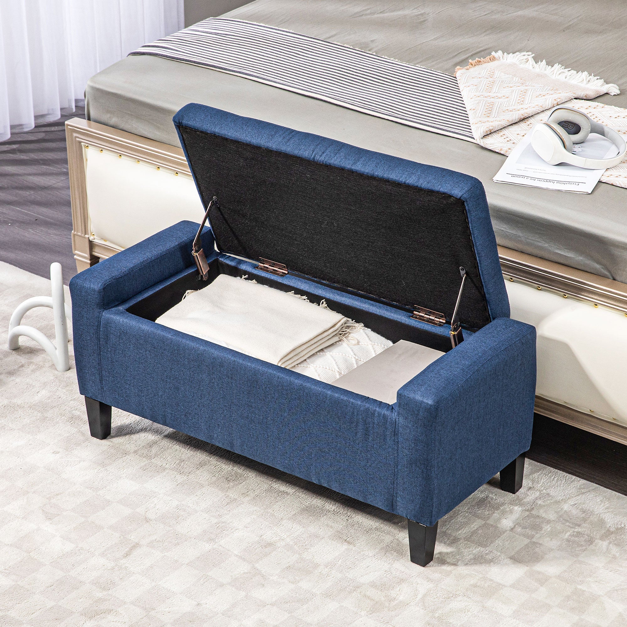 HOMCOM Storage Ottoman Bench, Linen Upholstered Bench with Tufted Design, Dark Blue 