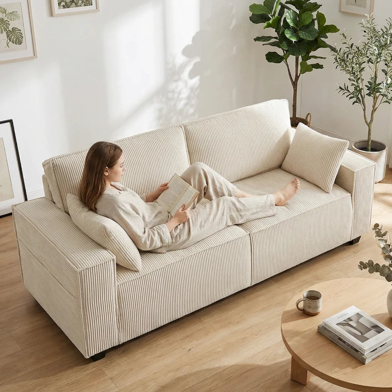 86" 3 Seater Sofa, Modern Corduroy Upholstered Couch, Beige