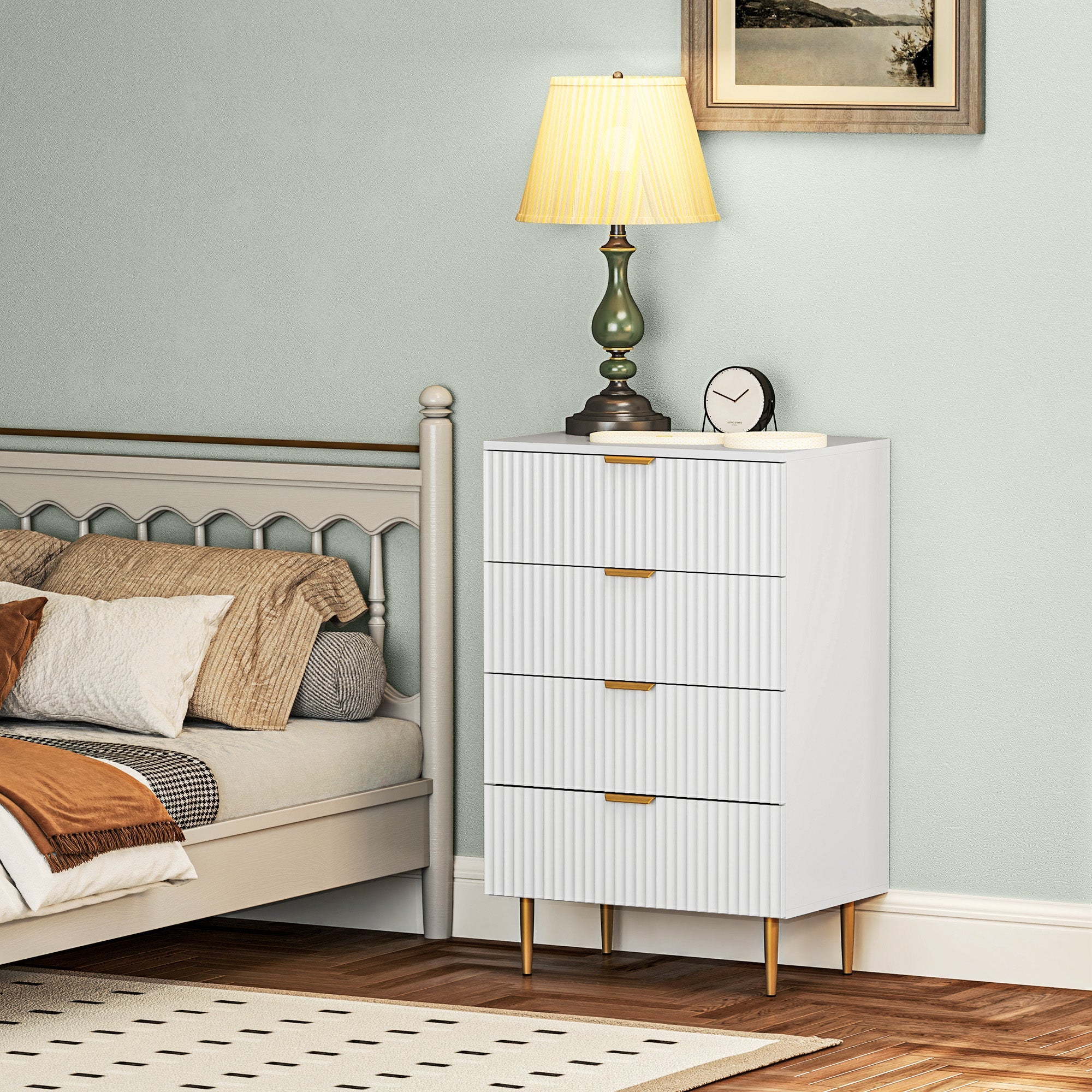 HOMCOM Modern Chest of Drawers 4 Drawer Dresser for Bedroom with Gold Legs and Handles, White 