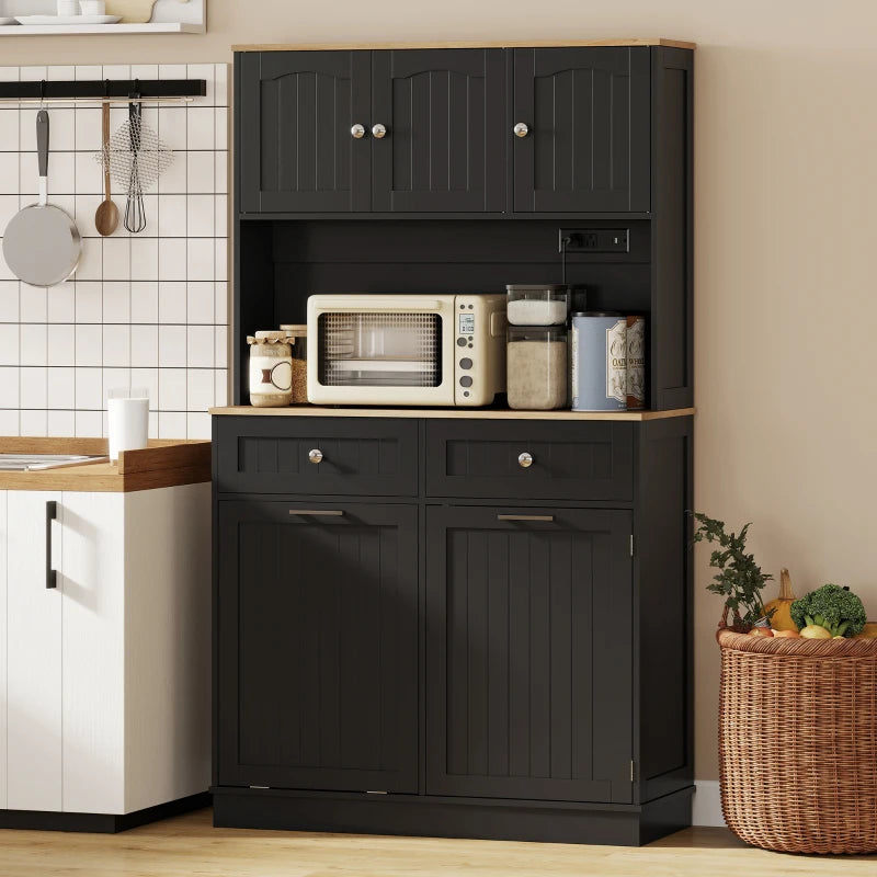 68" Pantry Cabinet with Charging Station, Storage Cabinet with Microwave Stand, 10 Gallon Trash Can Cabinet, Black