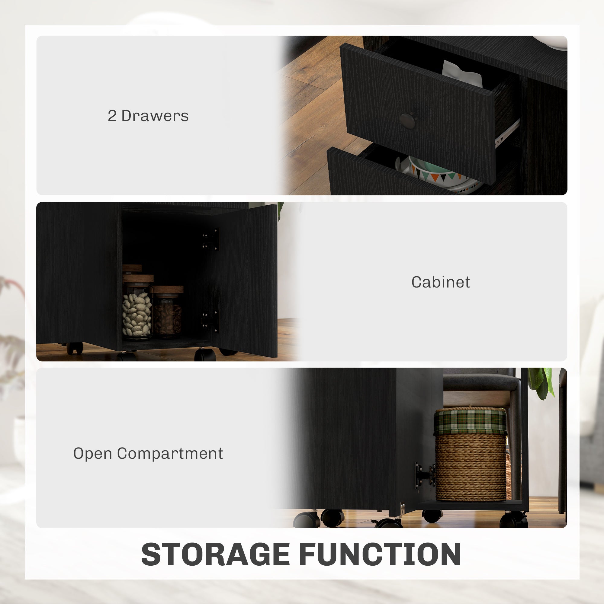 HOMCOM Drop Leaf Dining Table, Mobile Folding Table on Wheels with Drawers and Cabinet for Dining Room, Kitchen, Black 