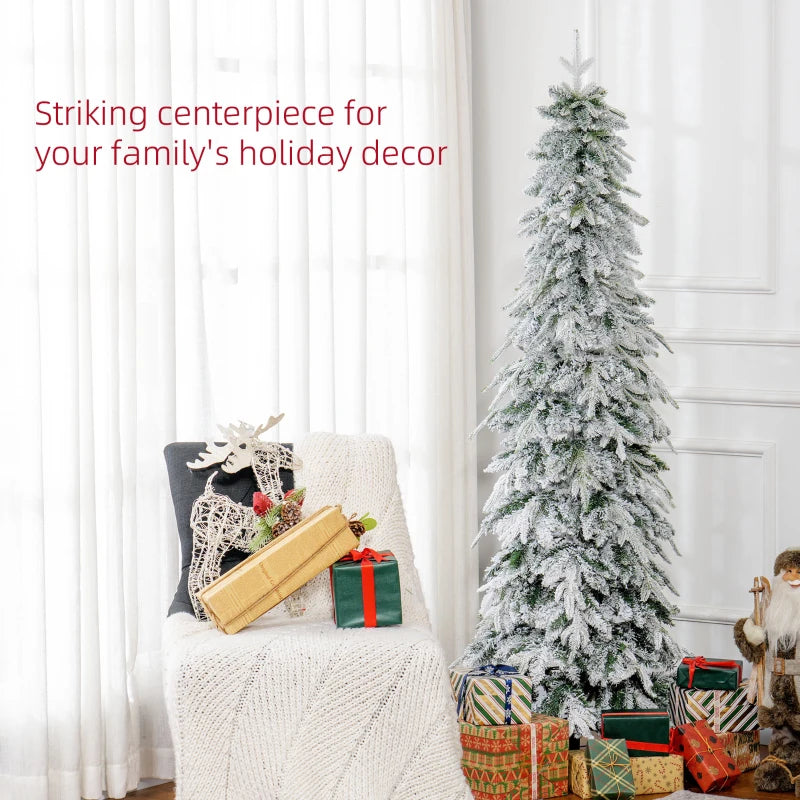 HOMCOM 7ft Pencil Flocked Artificial Christmas Tree – 800 Branch Tips, Auto-Open, Steel Base, Green 