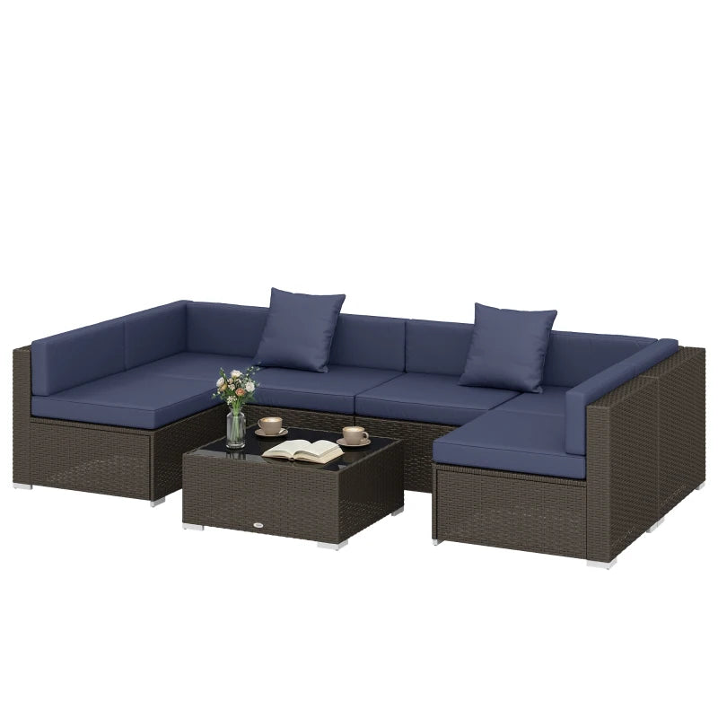 7pc Garden Wicker Sectional Set w/ Tea Table Patio Rattan Lounge Sofa Outdoor Deck Furniture Navy Blue