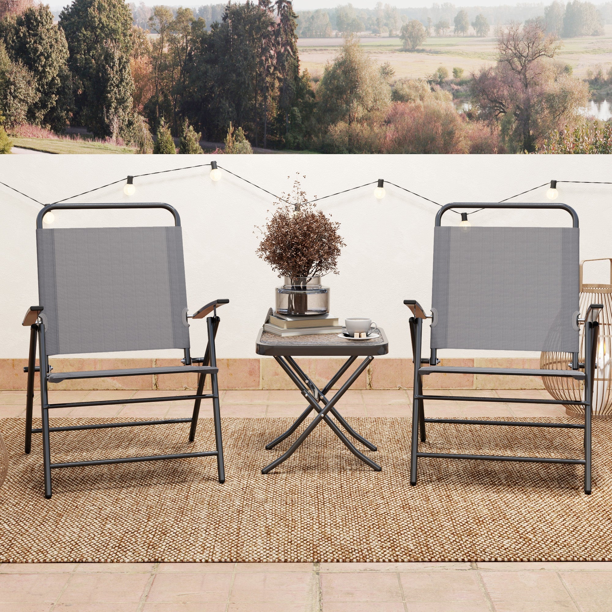 Outsunny Folding Bistro Set, Small Patio Set with Back Adjustable Chairs and Glass Top Table for Garden, Balcony, Porch, Grey 