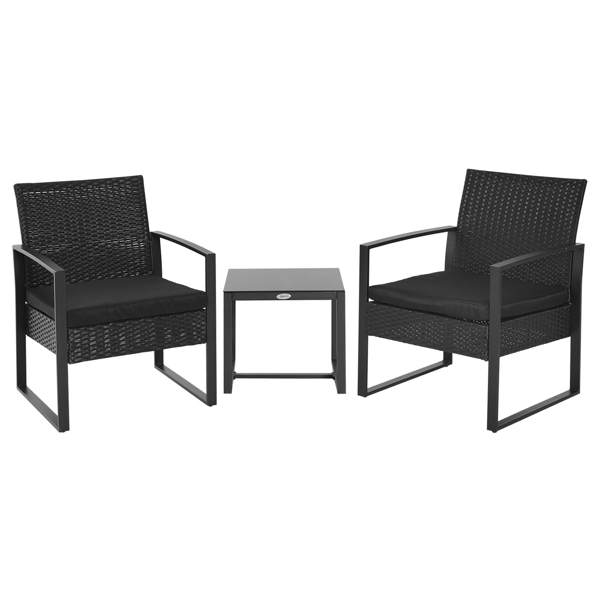 Outsunny 3 Pieces Patio Bistro Set, Outdoor PE Rattan Garden Porch Furniture w/ Cushioned Chairs & Tea Table Patio Furniture, Black 