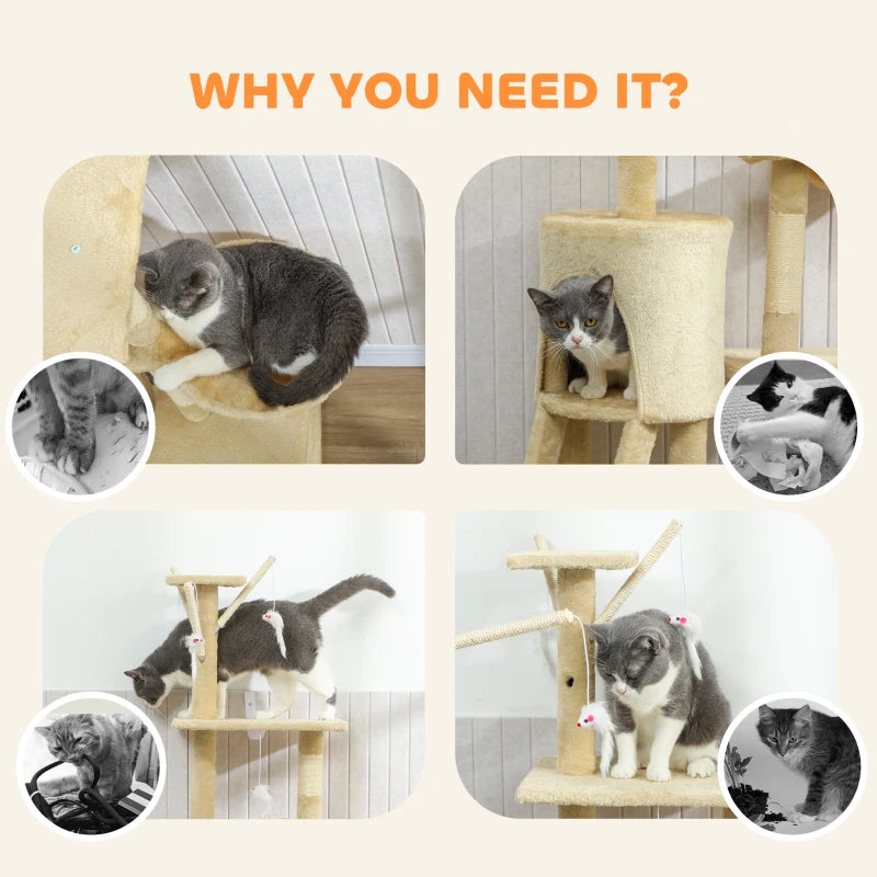 53" Cat Tree Tower, Kitten Activity Centre with Scratching Posts, Condo, Perches, Ladder, Hammock, Dangling Toys, Beige