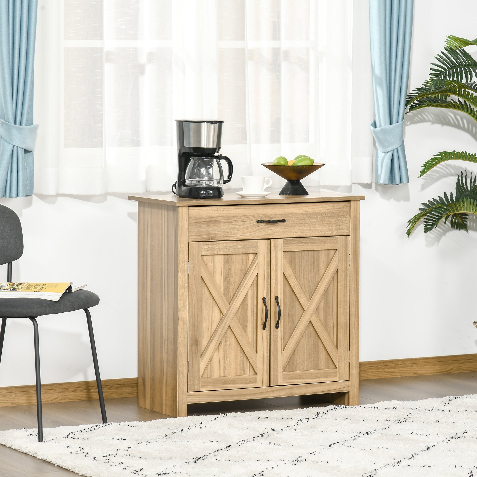 HOMCOM Rustic Barn Door Cabinet: Farmhouse Sideboard Buffet Storage Cabinet, Coffee Bar for Living Room, Entryway, Natural Wood Effect 