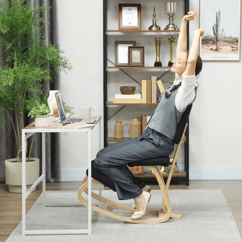 Ergonomic Kneeling Chair, Rocking Wood Kneel Stool with Backrest for Improve Posture, Back Pain, Black
