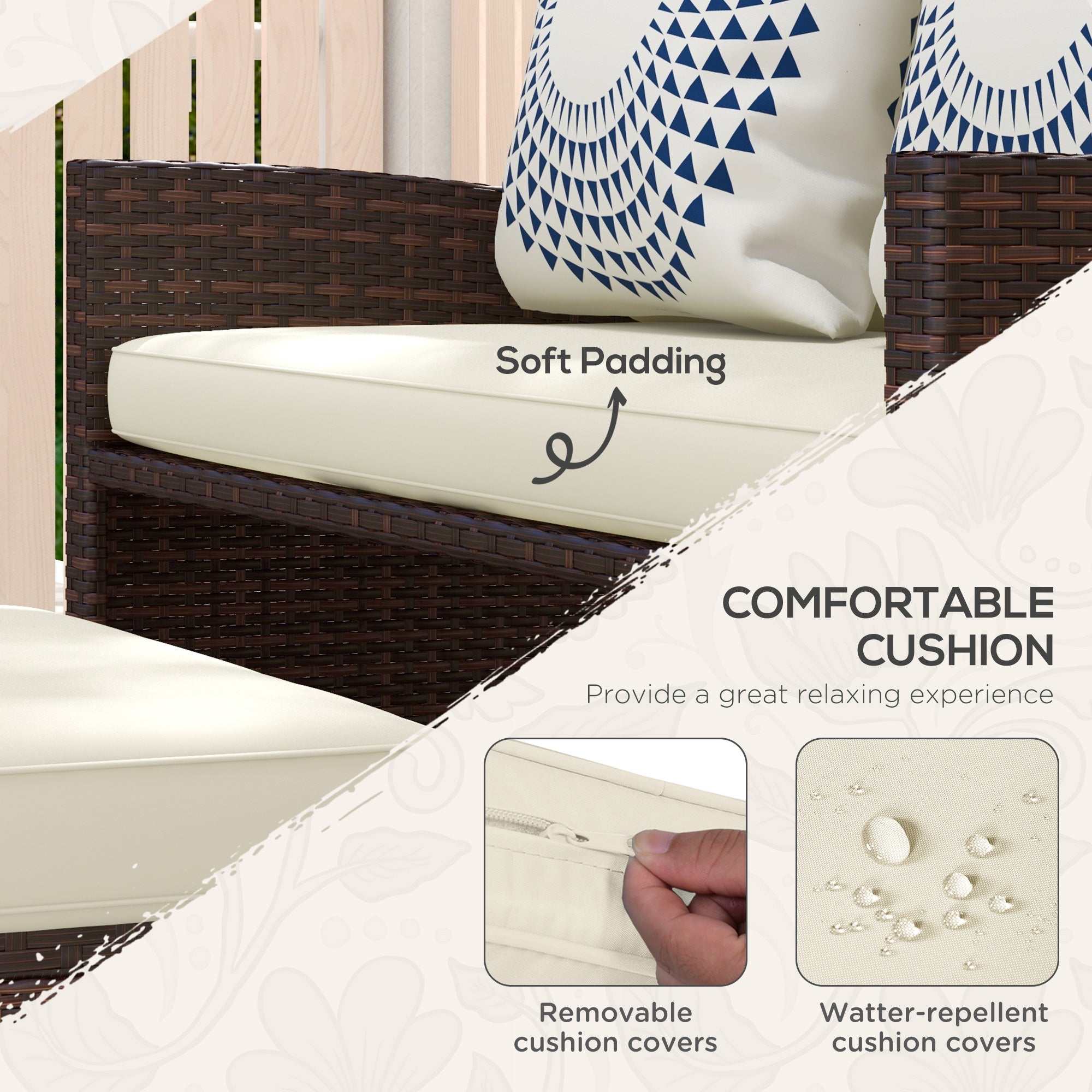 Outsunny 3 Pieces PE Rattan Patio Furniture Wicker Conversation Sofa Sets w/ Multi-functional Footstools and Two Pillows, Beige 