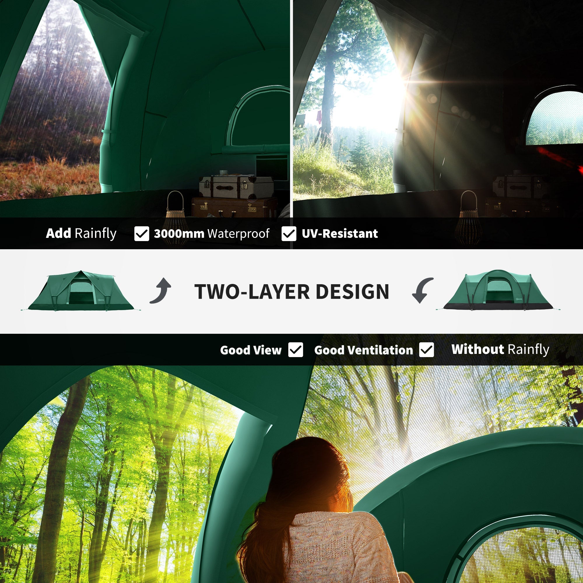Outsunny 5-6 Person Family Tent, Outdoor Camping Tent with Lighting Hook, Carrying Bag for Camping, Hiking and Travelling, Green 