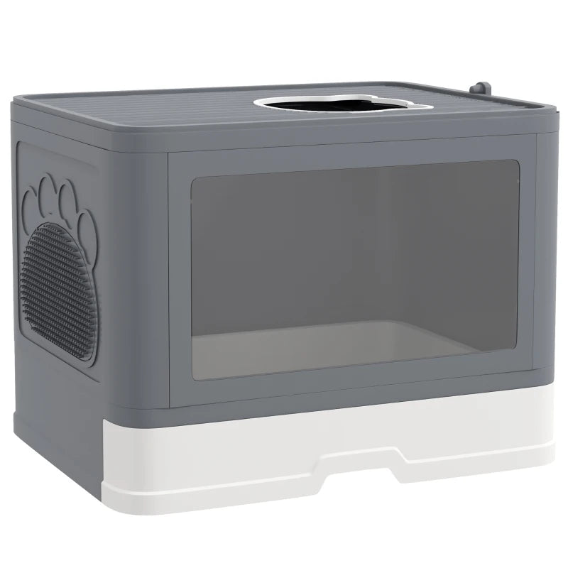 Cat Litter Box, Front Enter & Top Exit Cat Litter Tray with Scoop, Pull-out Tray, Easy to Clean, Grey