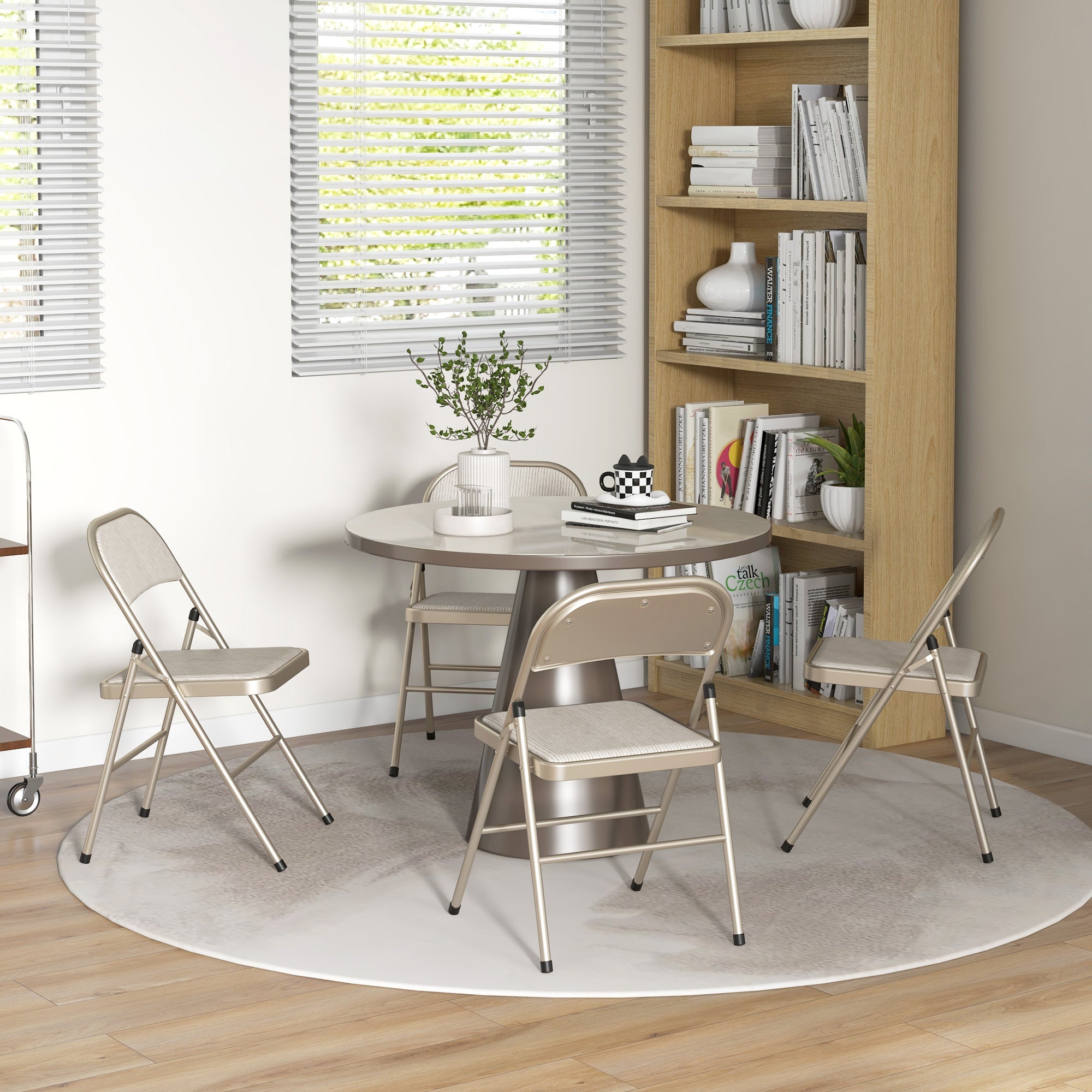 HOMCOM Set of 4 Metal Foldable Chairs, Linen Fabric Padded Folding Chairs with Cushion Seat and Open Back for Indoor, Beige 