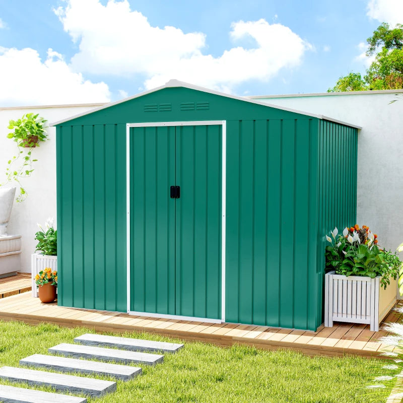 8' x 6' Outdoor Storage Shed, Metal Garden Tool Storage House with Lockable Sliding Doors and Vents, Green