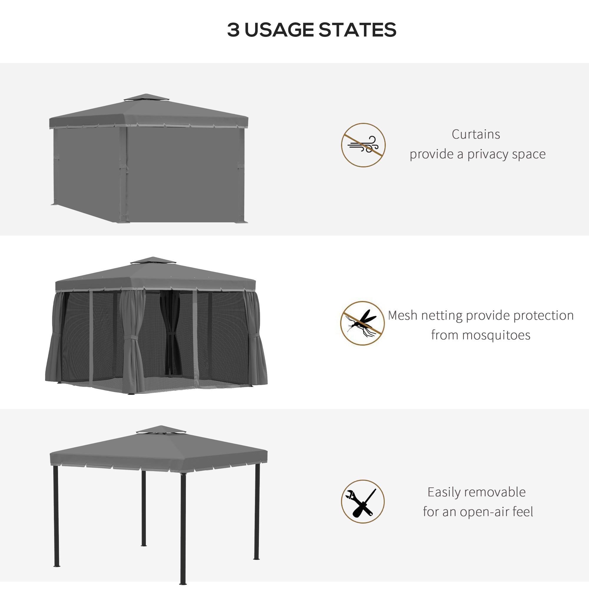 Outsunny 10' x 10' 2-Tier Outdoor Gazebo Canopy Tent with Zippered Mesh Sidewalls, Aluminum Frame for Patio, Backyard, Dark Grey 