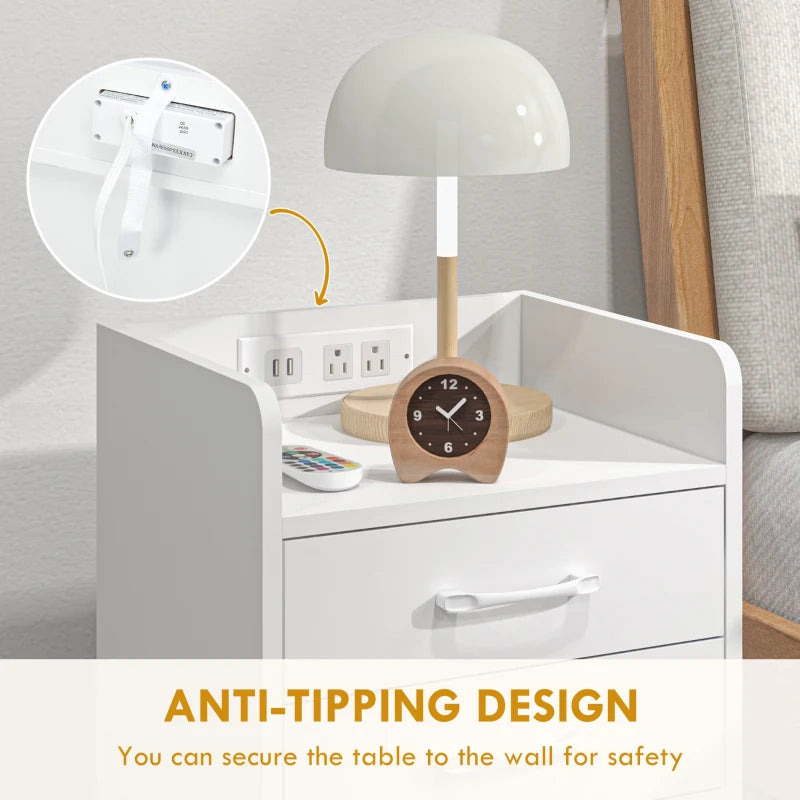 Tall Nightstand with Charging Station and LED Lights, Small Bedside Table with AC Outlets, USB Ports, 2 Drawers, Shelf