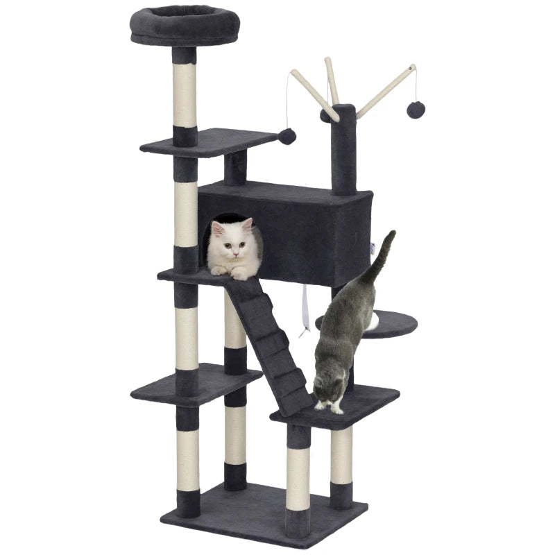 59 Inch Large Cat Tree with Sisal Scratching Posts, Cozy Condo, Top Perch, Ladder and Interactive Balls, Dark Grey