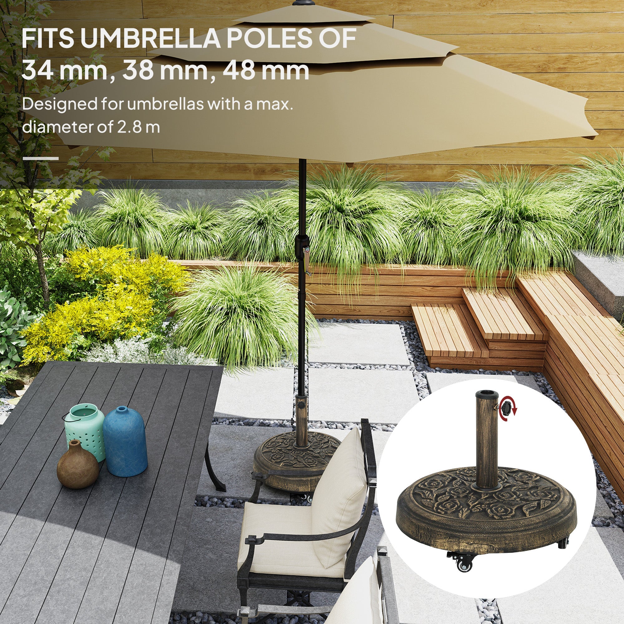 Outsunny Round Patio Umbrella Base, 46 lbs Resin Umbrella Stand with Wheels, Outdoor Umbrella Stand for 1.3"/1.5"/1.9" Umbrella Poles for Outdoor, Lawn, Poolside, Bronze 