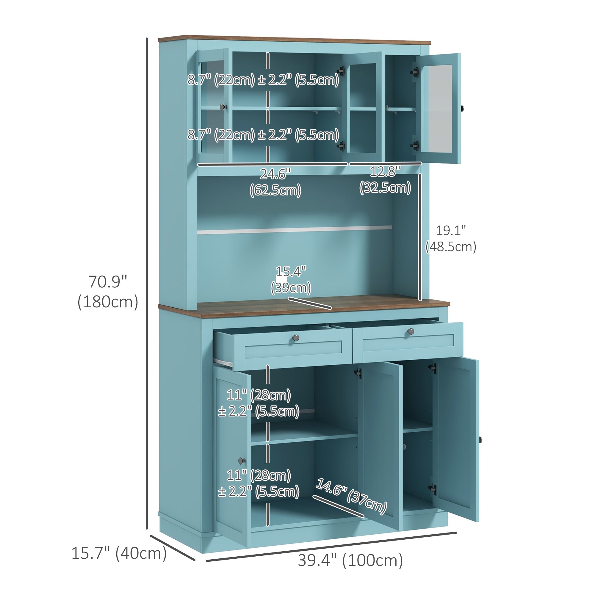 HOMCOM Spacious 71" Kitchen Pantry Cabinet - Microwave Space, Buffet Hutch, 2 Drawers, Adjustable Shelves, Glass Doors in Blue 