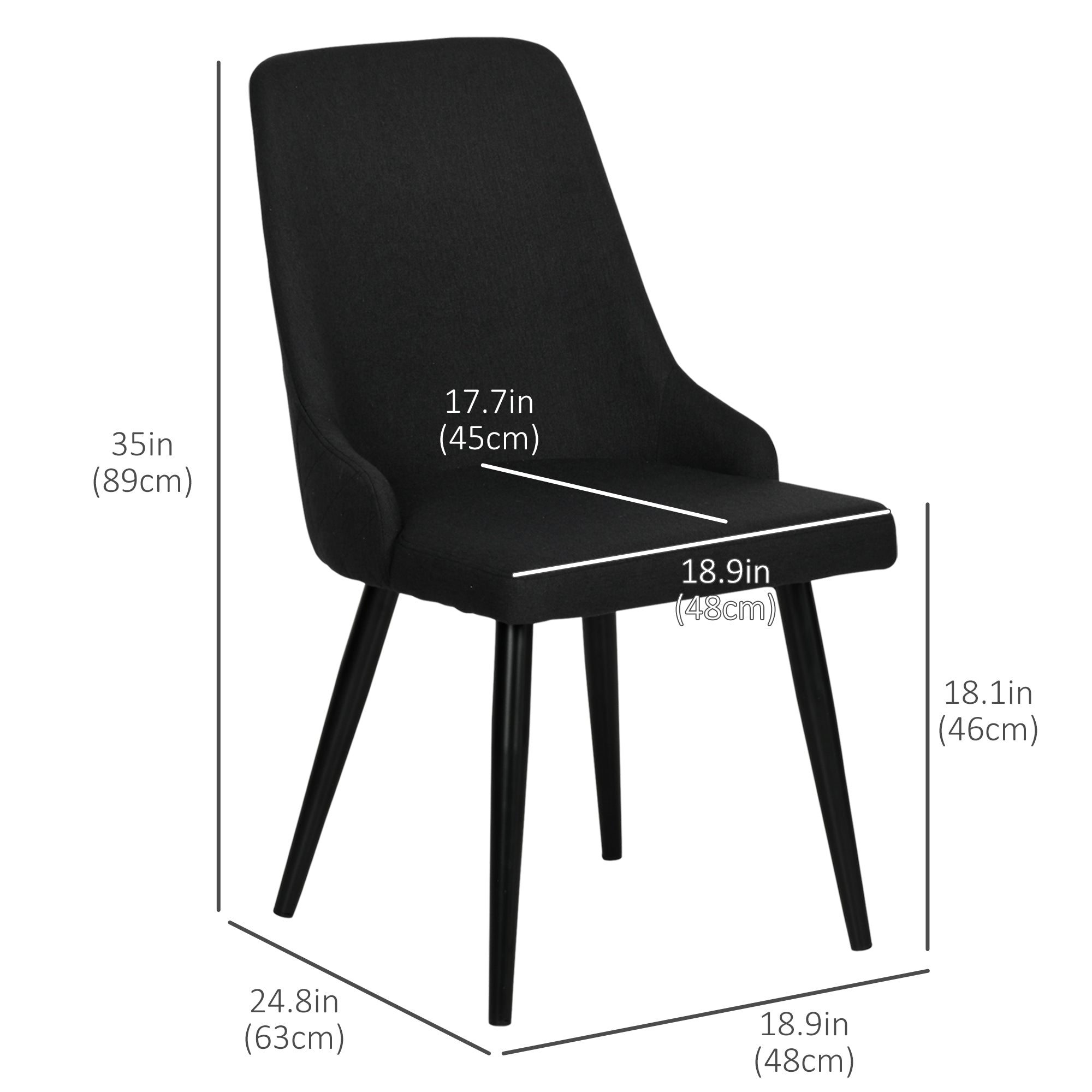 HOMCOM Set of 2 Modern Dining Chairs Black Fabric Upholstered Side Chairs with Metal Legs for Kitchen Living Room Elegance 