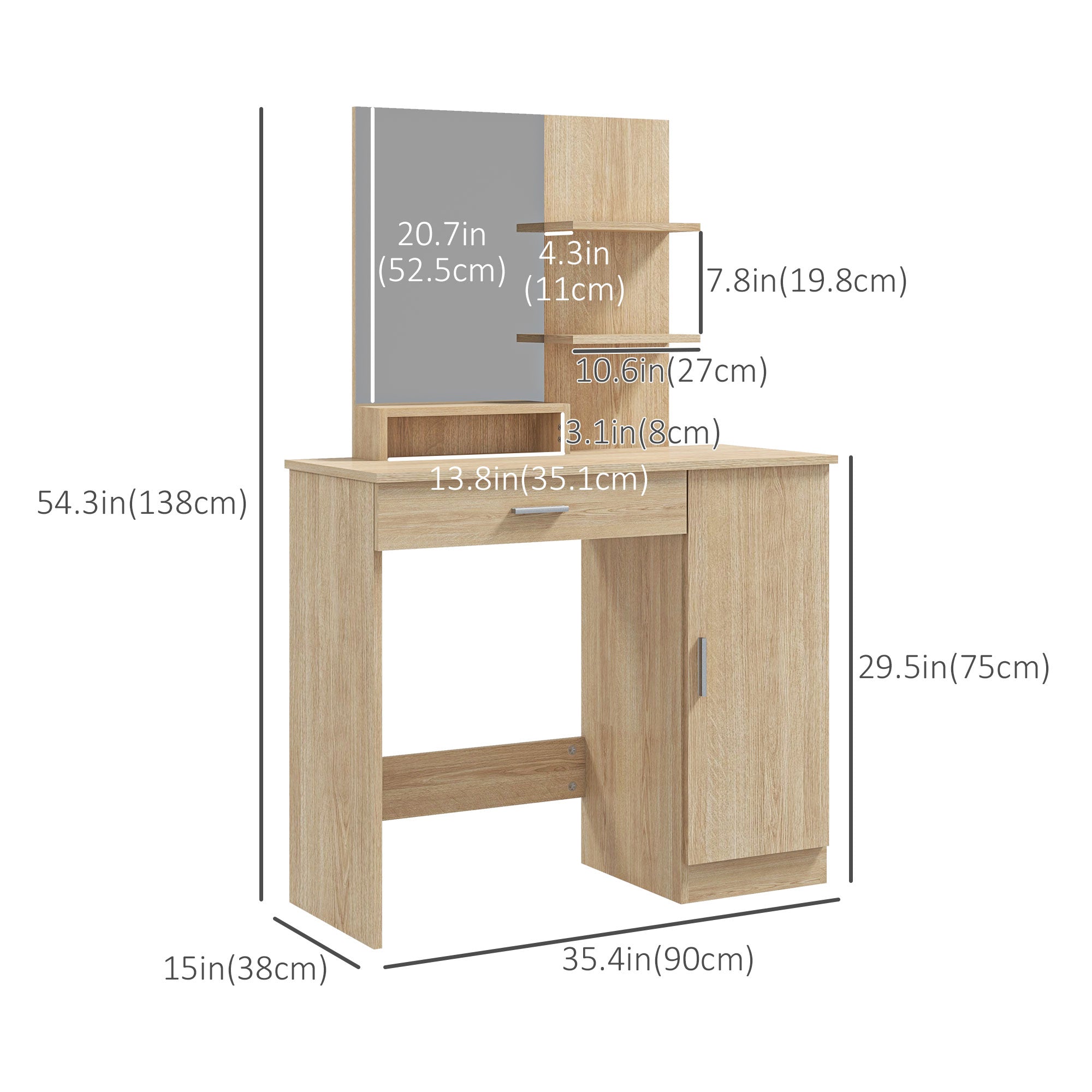 HOMCOM Dressing Table, Vanity Table with Mirror, Drawer and Storage Shelves for Bedroom, 35.4" x 15" x 54.3", Maple Wood 
