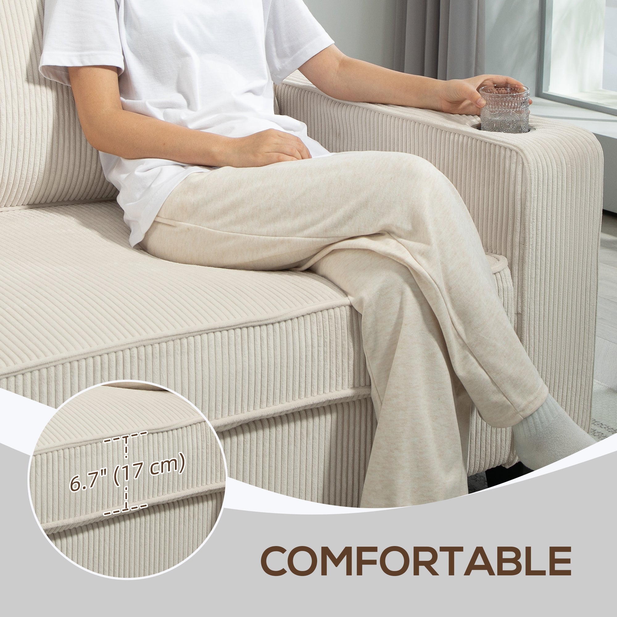 HOMCOM Three Seater Sofa, Fabric 3 Seater Couch with Spring Cushion and Cup Holders for Living Room, Bedroom, Cream White 