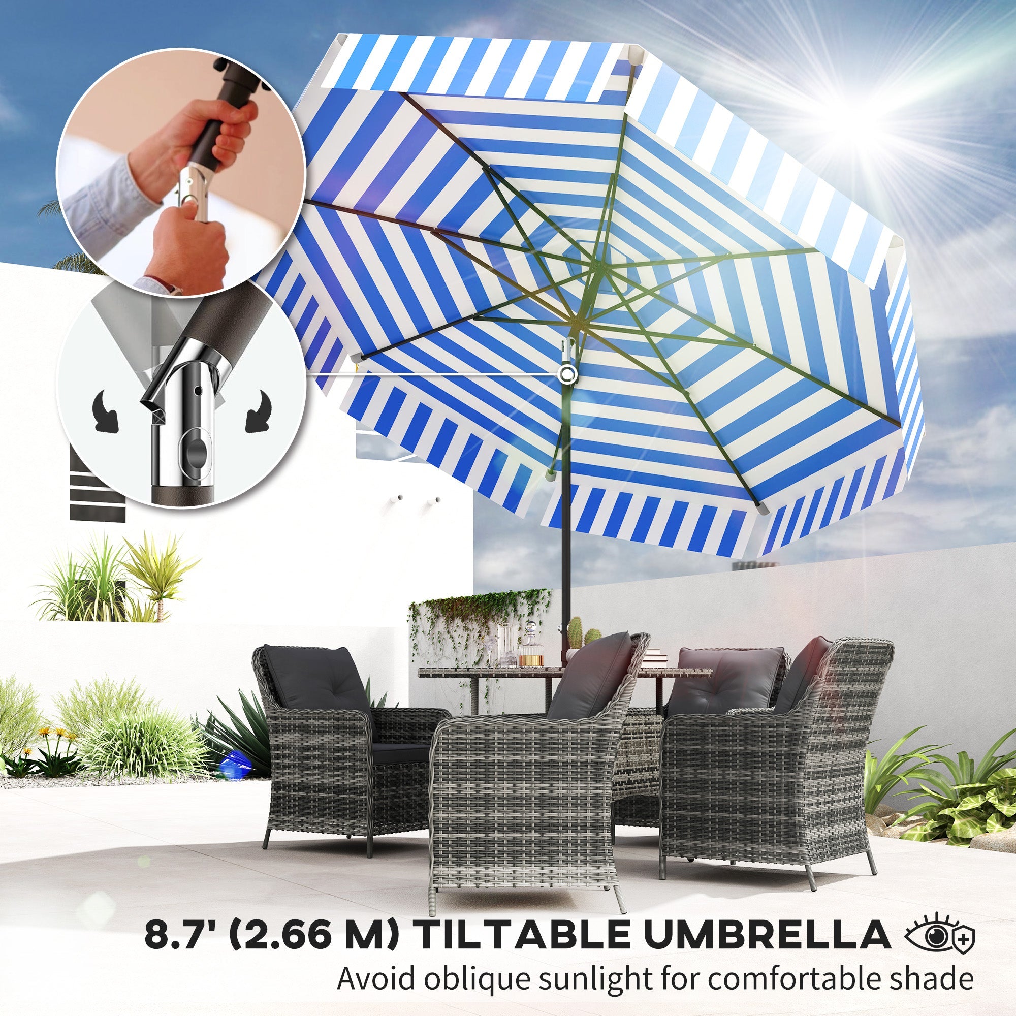Outsunny 8.7FT Tilting Patio Umbrella with 8 Ribs, Crank Handle, Air Vent for Outdoor, Garden and Pool, Navy Blue 