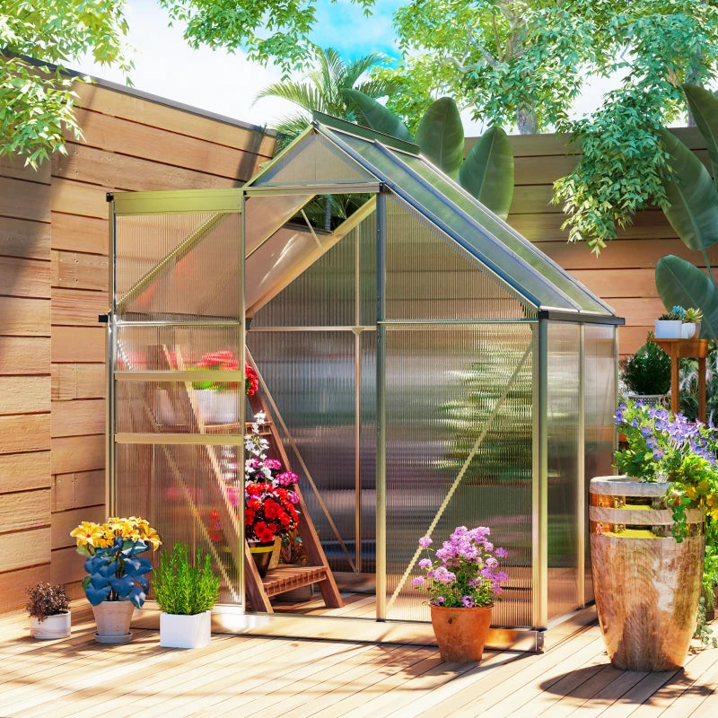 6' x 4' x 6.6' Walk-in Greenhouse, Polycarbonate Greenhouse with Adjustable Roof Vent, Base, Sliding Door, Clear