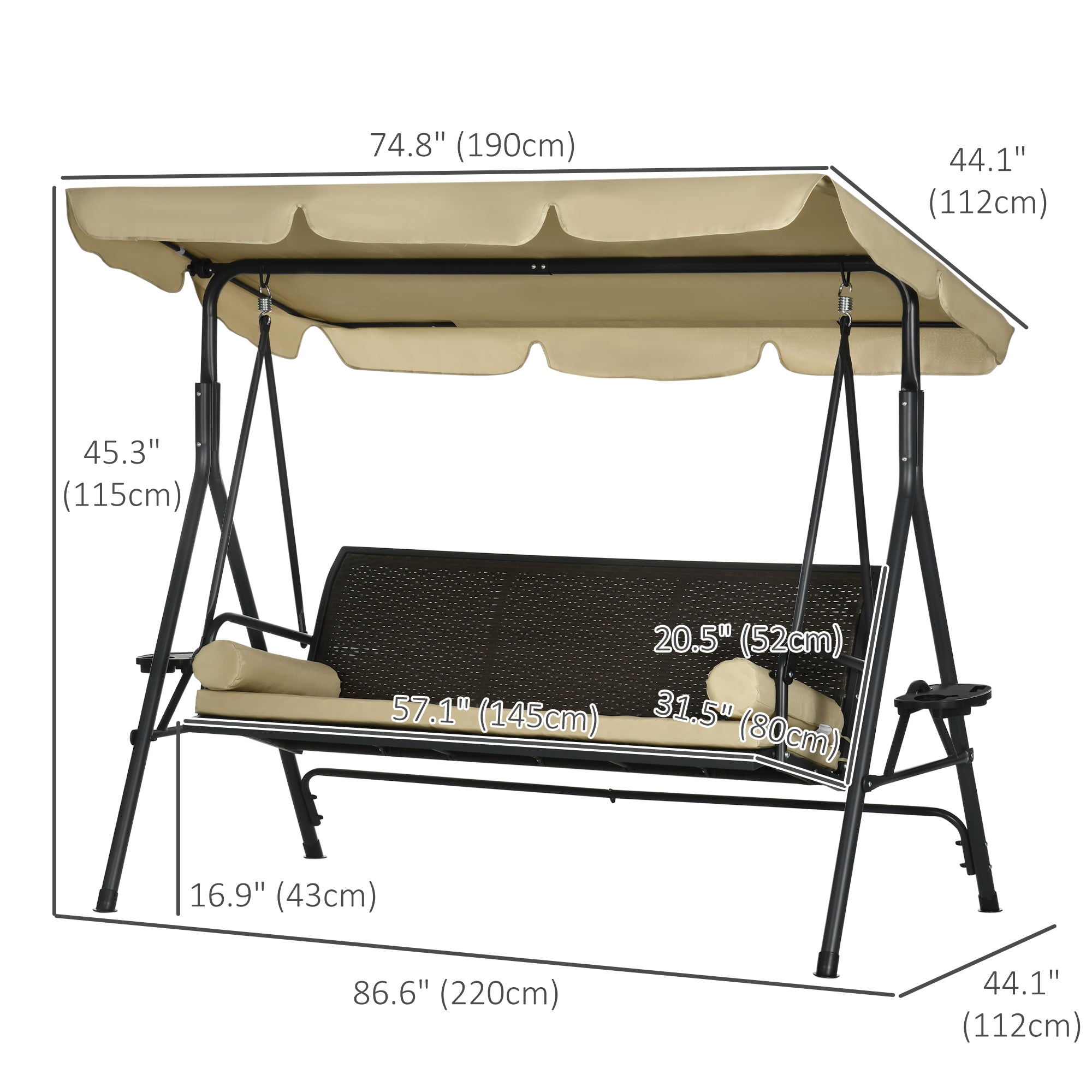 Outsunny Outdoor 3-Seat Porch Swing with Canopy: Rattan Seat, Removable Cushion, Pillows, Steel Frame for Patio Comfort 