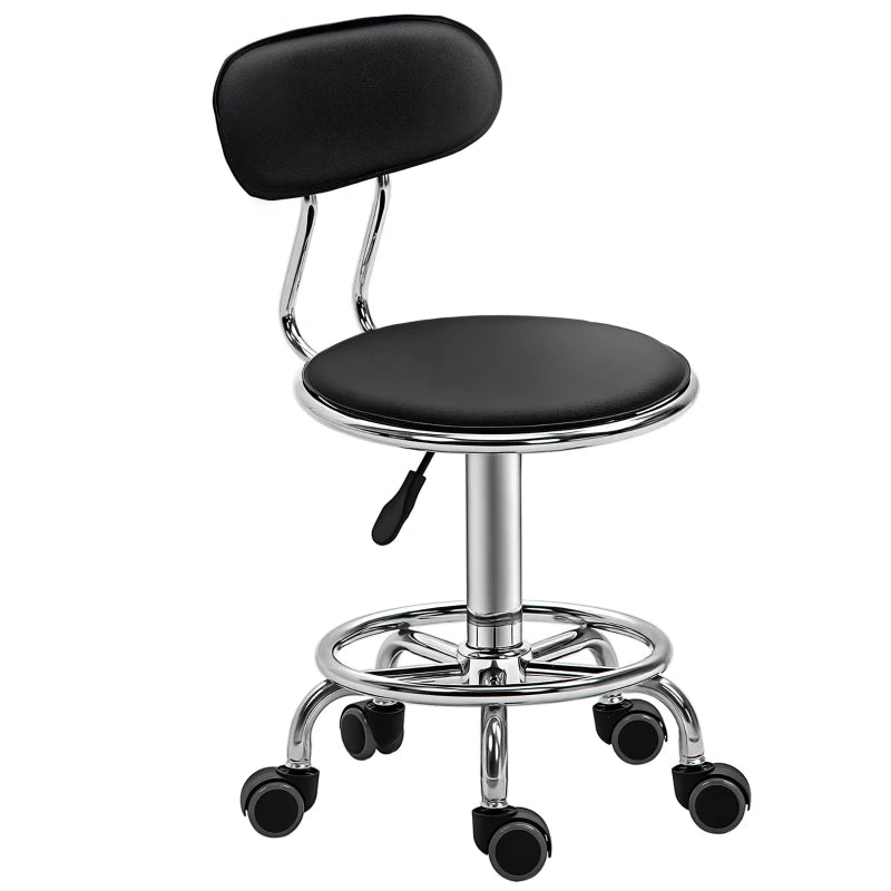 Faux Leather Salon Stool, Height Adjustable Rolling Stool with Footrest Ring, Back and Wheels for Beauty, Tattoo, Black
