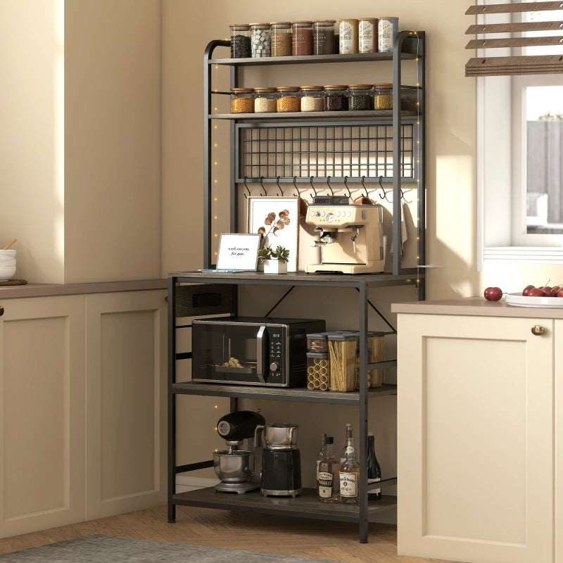 Kitchen Baker's Rack with Power Outlet and LED Light, 5-Tier Coffee Bar Station with 10 Hooks, Grey