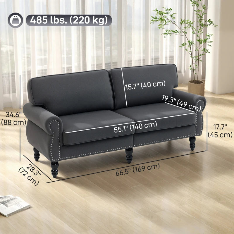 Stylish Midback Double Sofa with Sponge Padding, 2 Seater Sofa Couch, with Rubber Wood Leg, Dark Grey