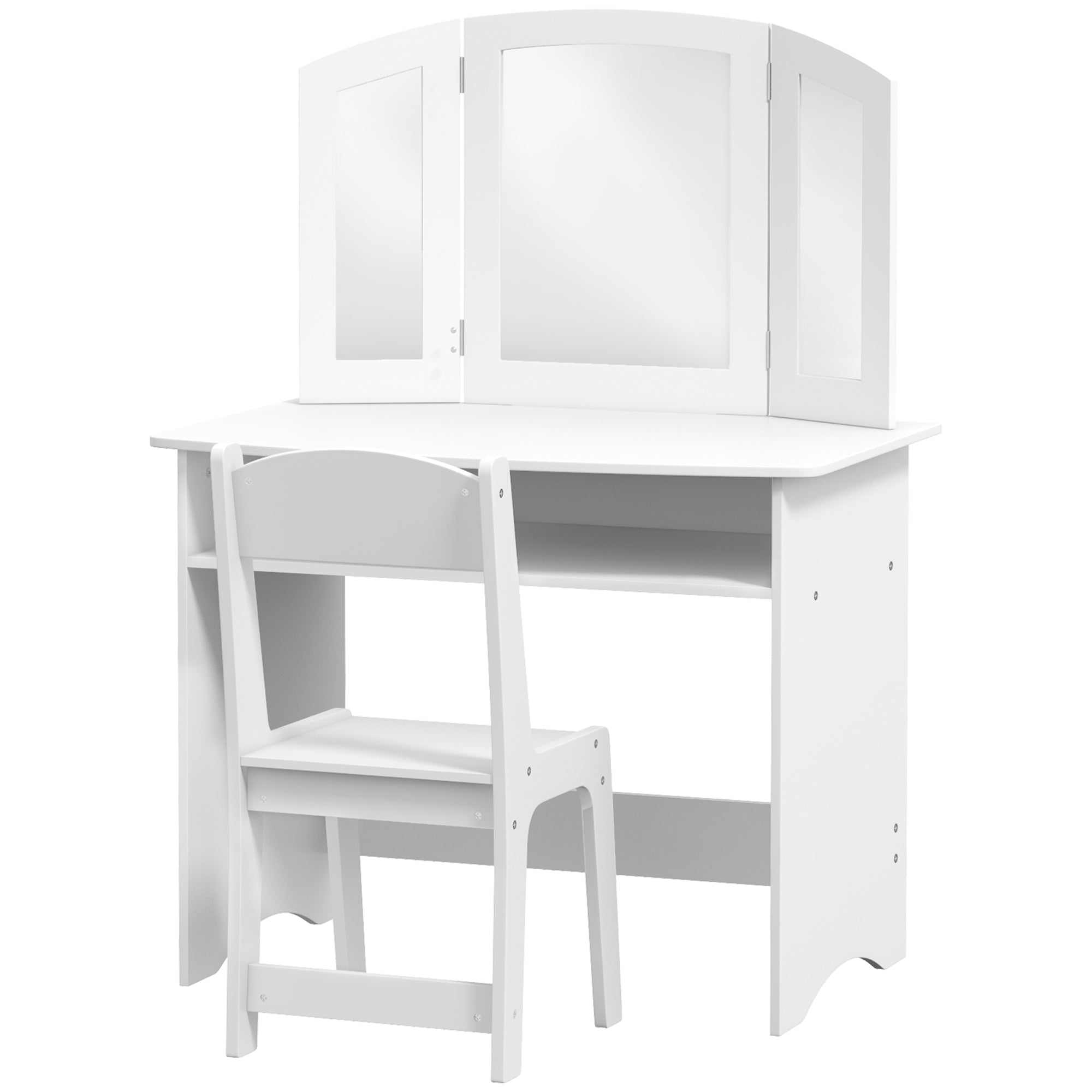 Qaba 2 in 1 Kids Vanity Set Makeup Dressing Table Pretend Play Set with Tri-Folding Mirror, Stool, Storage Shelf 