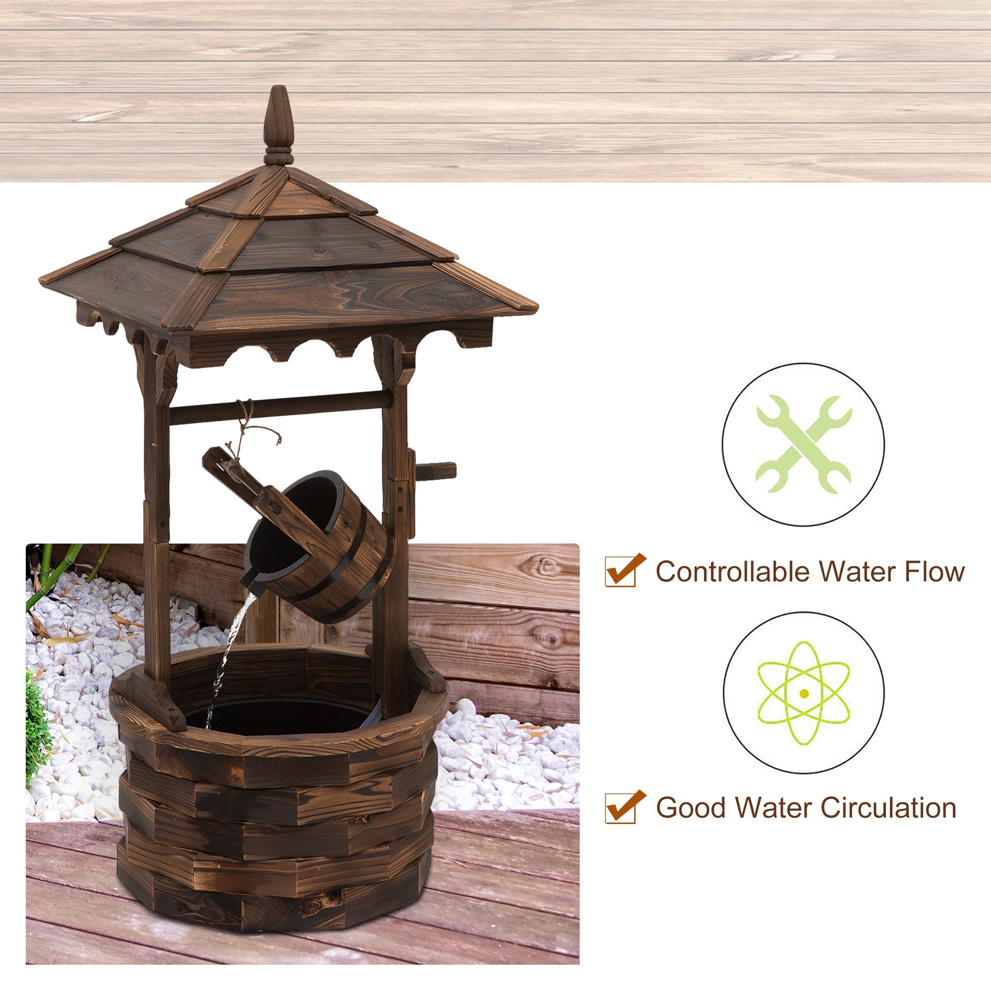Outsunny Rustic Barrel Waterfall Fountain Wood Garden Decor with Pump Charming Outdoor Feature 