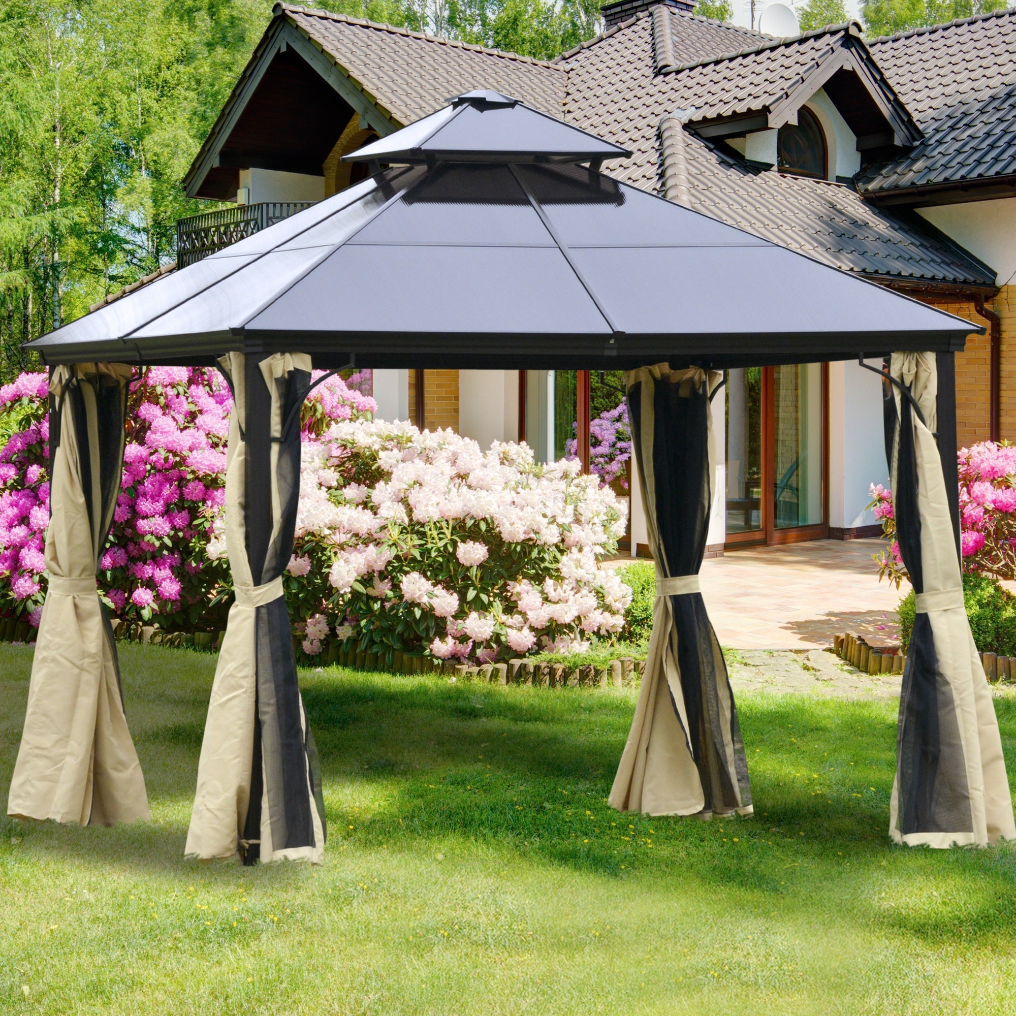 Outsunny 10' x 10' 2-Tier Outdoor Gazebo Canopy with Polycarbonate Roof, Curtains and Netting, for Garden, Deck, Beige 