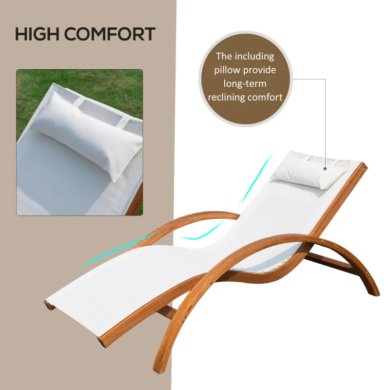 Outdoor Wood Sling Chaise Lounge Reclining Garden Mesh Lounger Patio Chair with Headrest Cream