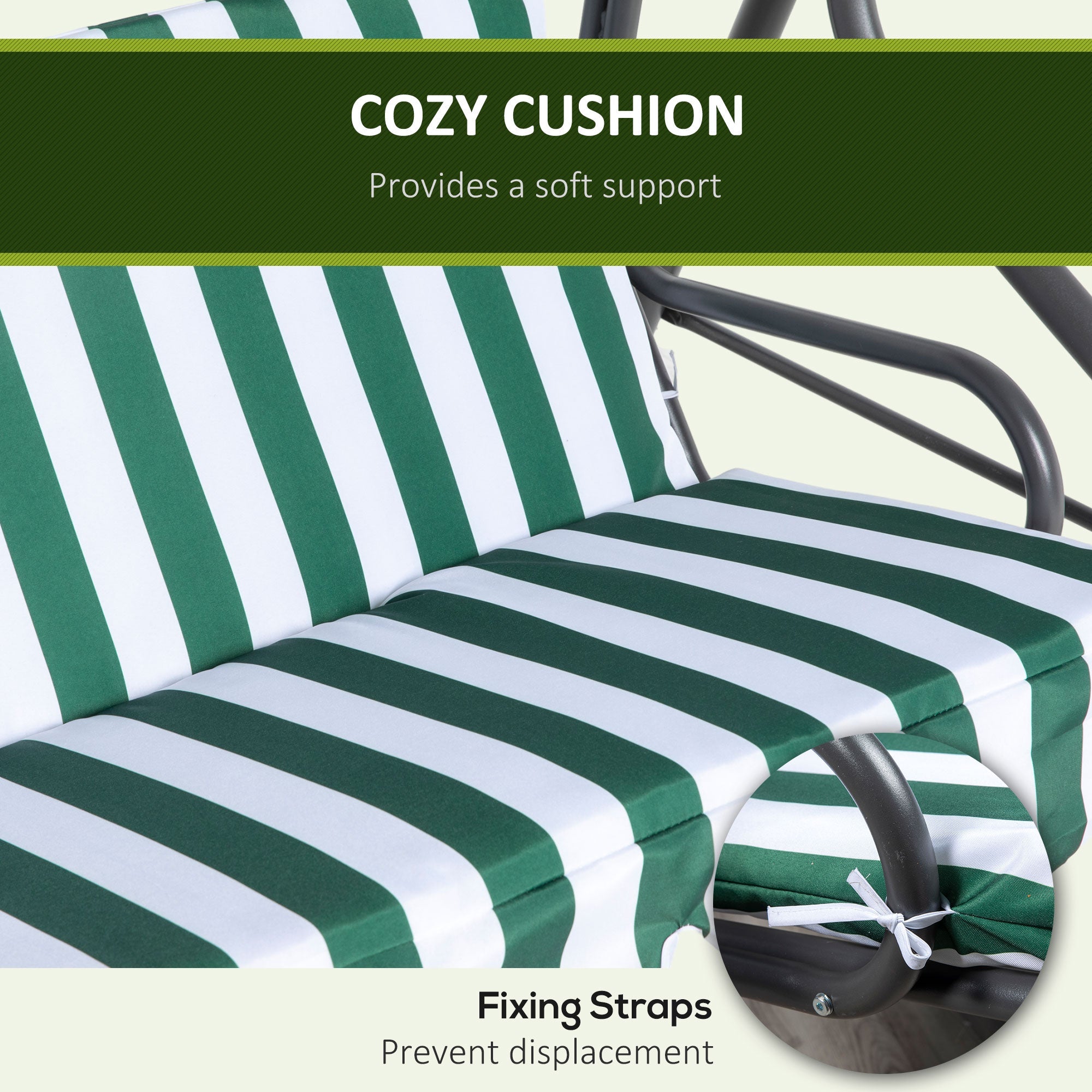 Outsunny 3-Seat Patio Swing Chair, Outdoor Porch Swing Glider with Adjustable Canopy, Removable Cushion, and Weather Resistant Steel Frame, for Garden, Poolside, Green & White 