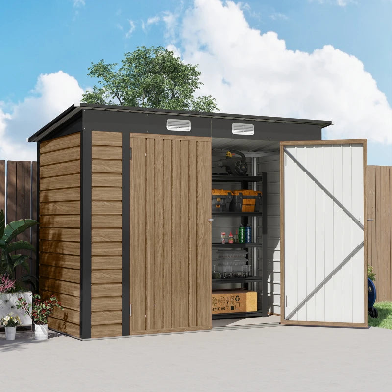 8 x 4FT Galvanized Garden Storage Shed, Metal Outdoor Shed with Double Doors and 2 Vents, Teak
