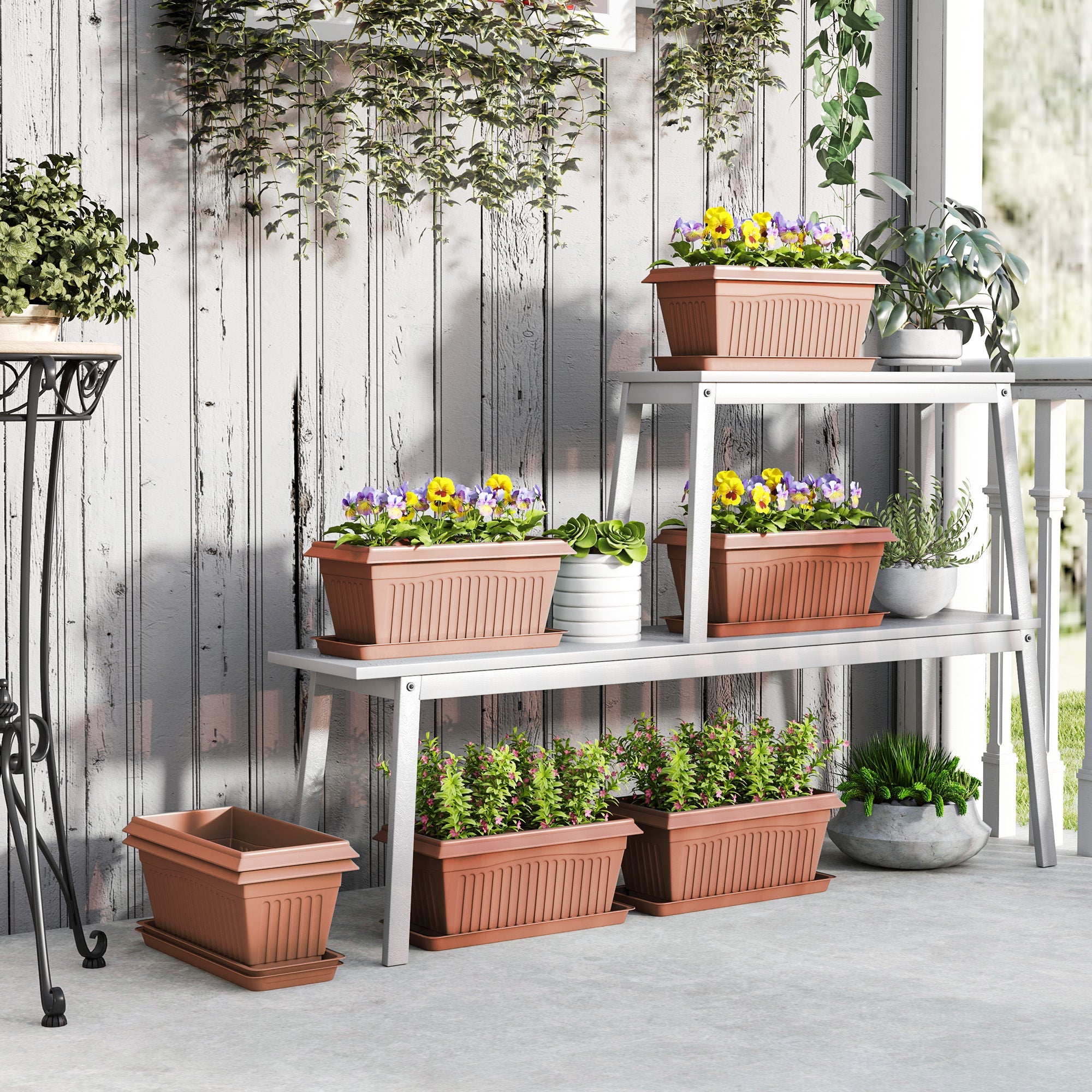 Outsunny 7 Pack 15.7" Plastic Flower Planters with Drainage Holes and Trays, Plant Pots for Indoor Outdoor Plants, Brown 