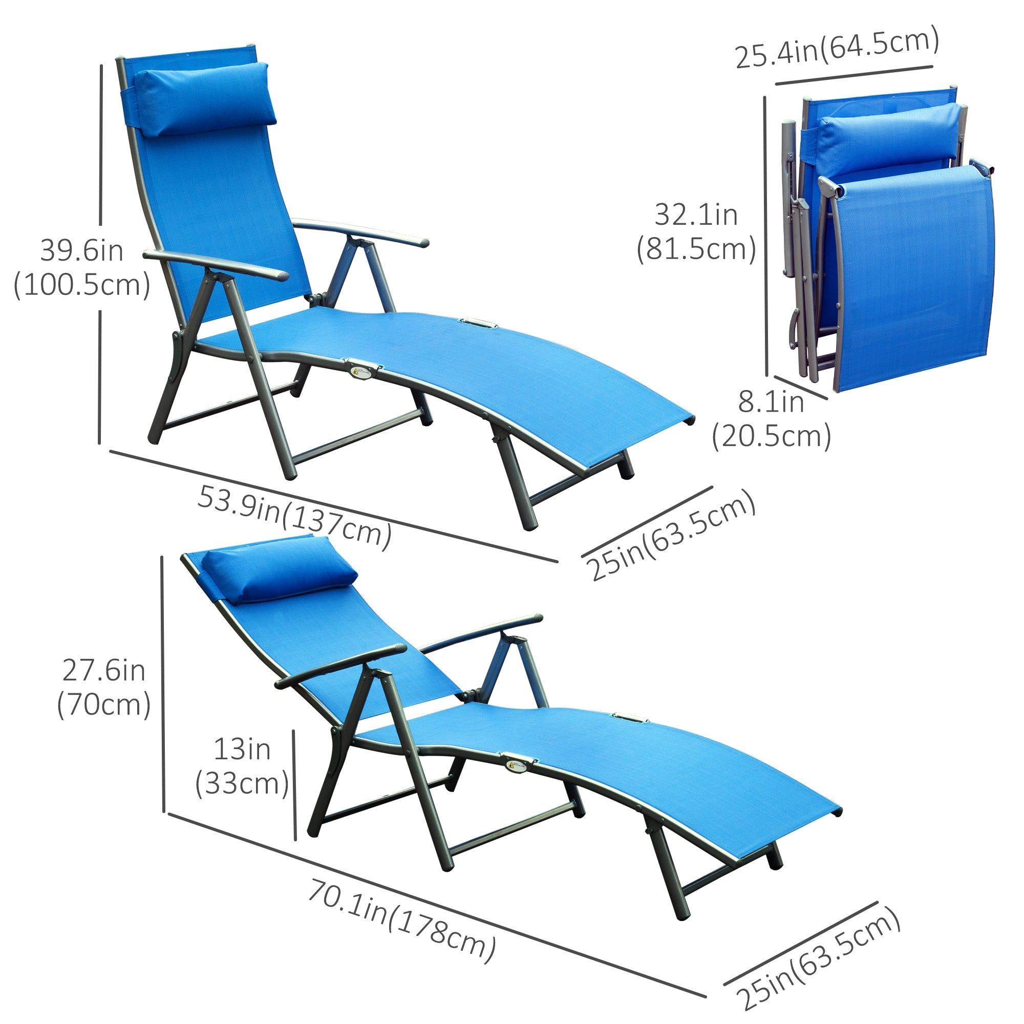 Outsunny Adjustable Reclining Patio Chaise Lounge Chair Tri-Fold Outdoor Garden Sun Lounger Blue 