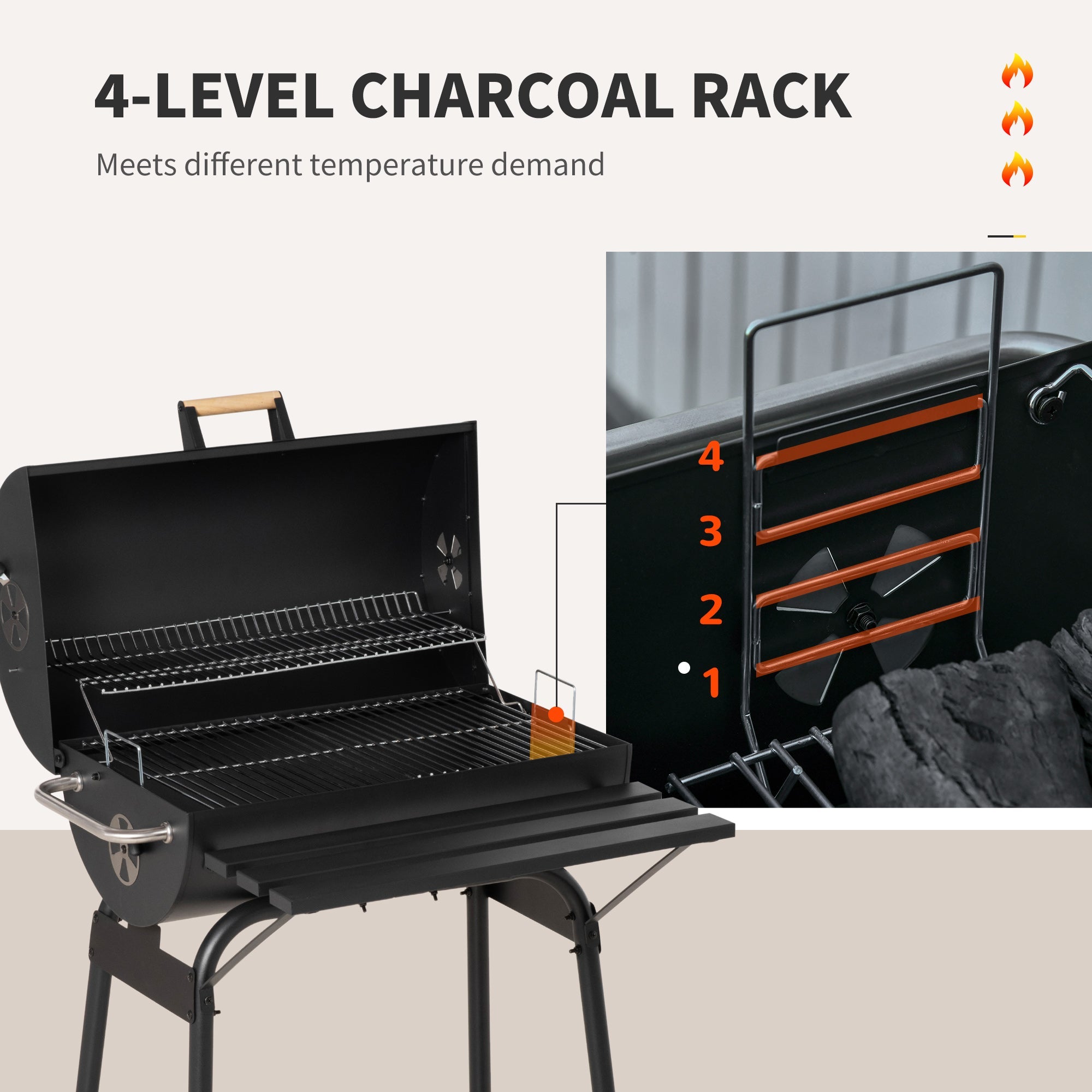 Outsunny 30" Charcoal Barbecue Grill with Wheels Outdoor Barbecue with Adjustable Charcoal Rack, Storage Shelf, Wheel, for Garden Camping Picnic 