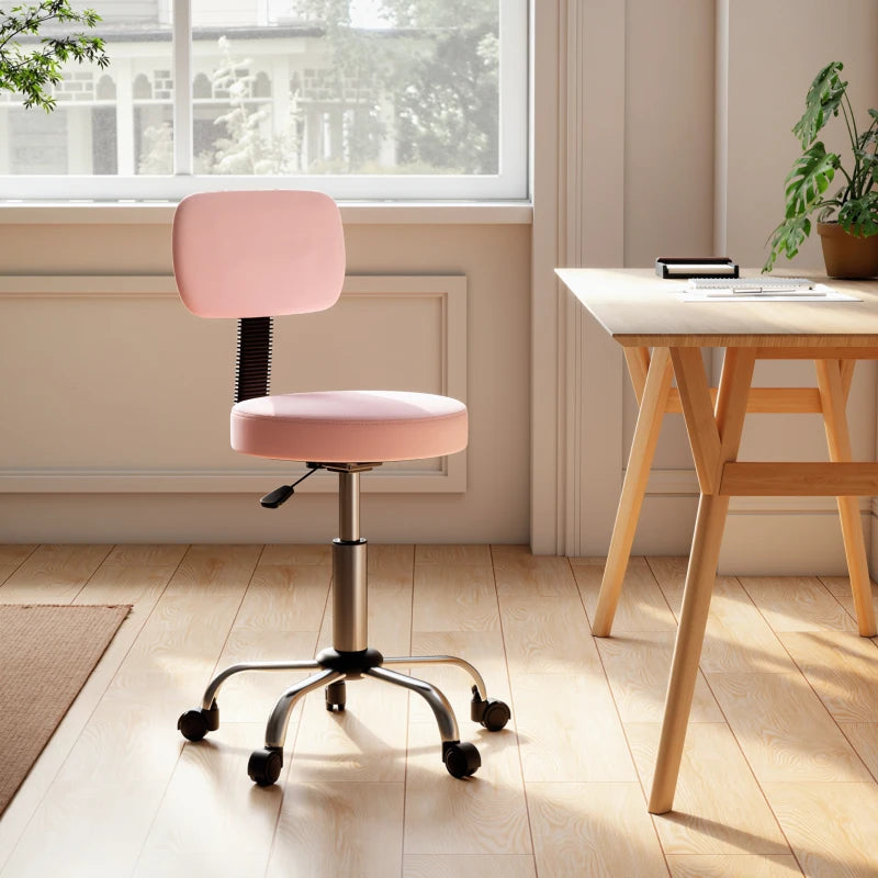 Adjustable Rolling Stool with Removable Backrest, Faux Leather Swivel Stool Chair for Salon Spa, Bar, Massage, Pink