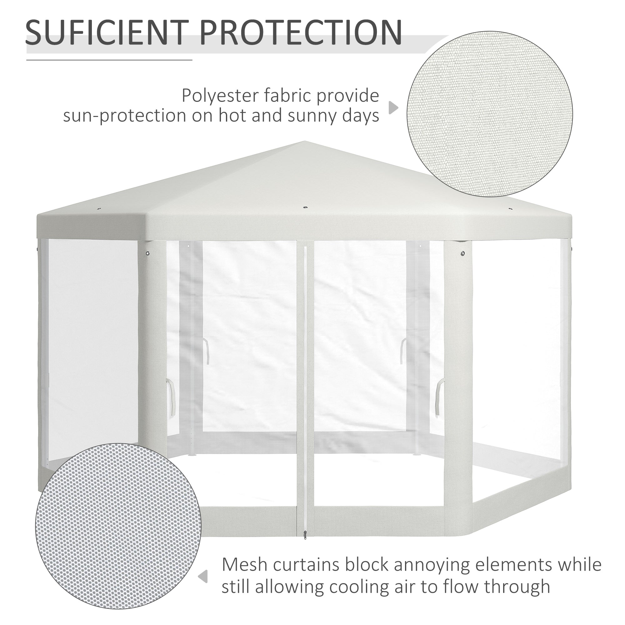 Outsunny Φ13' Hexagon Party Tent Patio Gazebo Outdoor Activity Event Canopy Quick Sun Shelter Pavilion with Netting Mesh Sidewall Cream White 