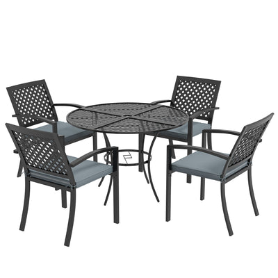 Outsunny 5-Piece Outdoor Dining Set with 4 Stackable Cushioned Armchairs,Umbrella Hole Metal Plate Table, for Deck Grey 