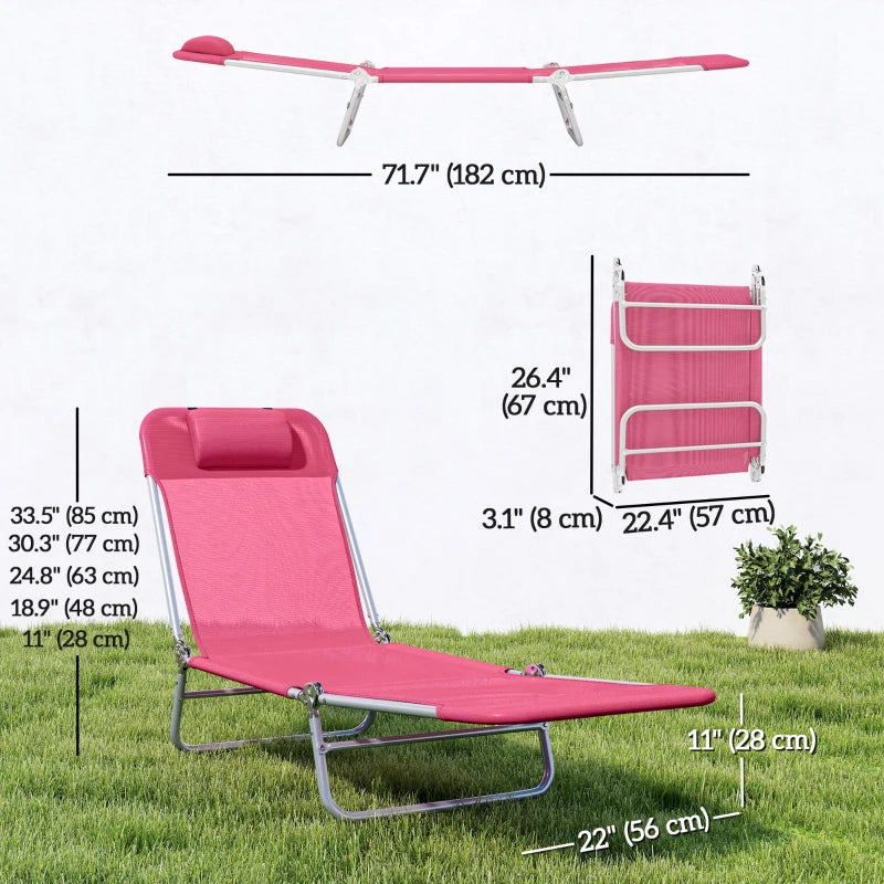 Folding Lounge Chair, Portable Tanning Chair with Adjustable Backrest, Pillow for Beach Poolside Patio, Pink