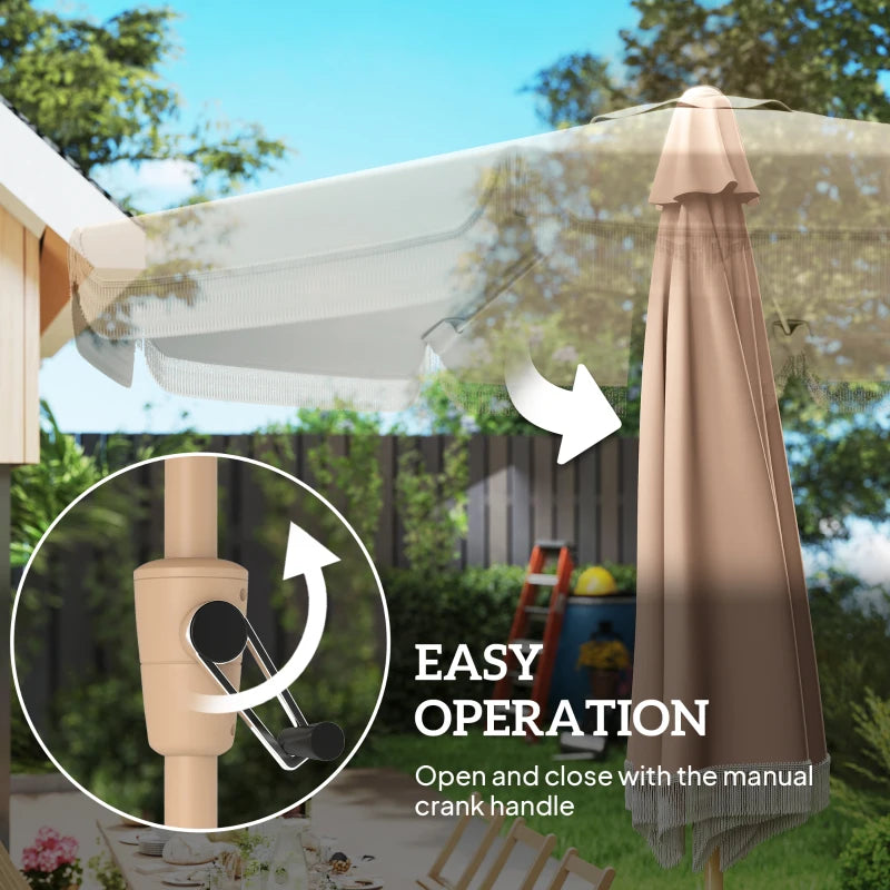 9 ft Patio Umbrella with Push Button Tilt and Crank, Fringed Outdoor Market Table Umbrella Parasol, Khaki