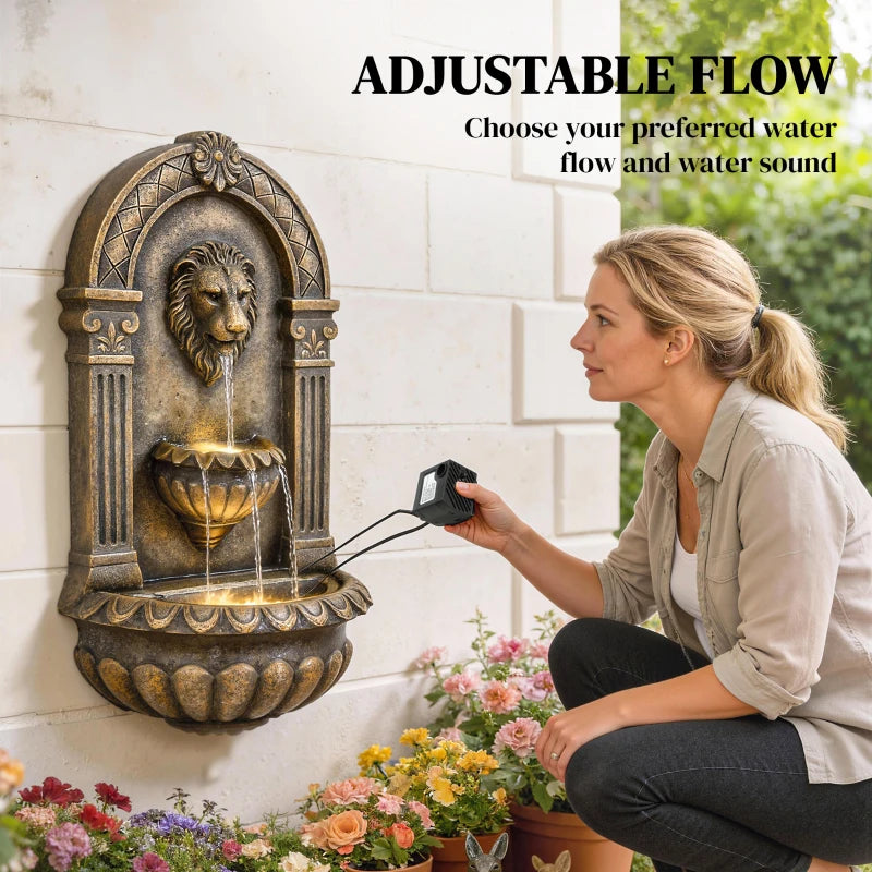 Wall-Mounted 3-Tier Outdoor Fountain, Resin Cascading Waterfall with LED Lights and Adjustable Flow, Rustic Brown