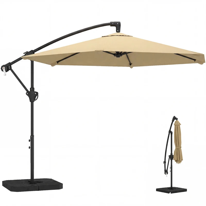 9.7 ft Offset Patio Umbrella with Water/Sand Fillable Weights, Garden Hanging Parasol with Locking Latch, Khaki