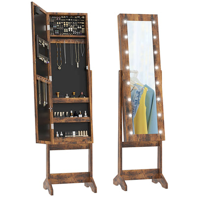 HOMCOM Freestanding Armoire Jewelry Cabinet Lighted Mirror Angle Adjustable 16 LED Lights Rustic Brown 