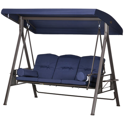Outsunny Outdoor Patio 3-Person Steel Canopy Cushioned Seat Bench Swing with Included Side Trays & Padded Comfort, Dark Blue 